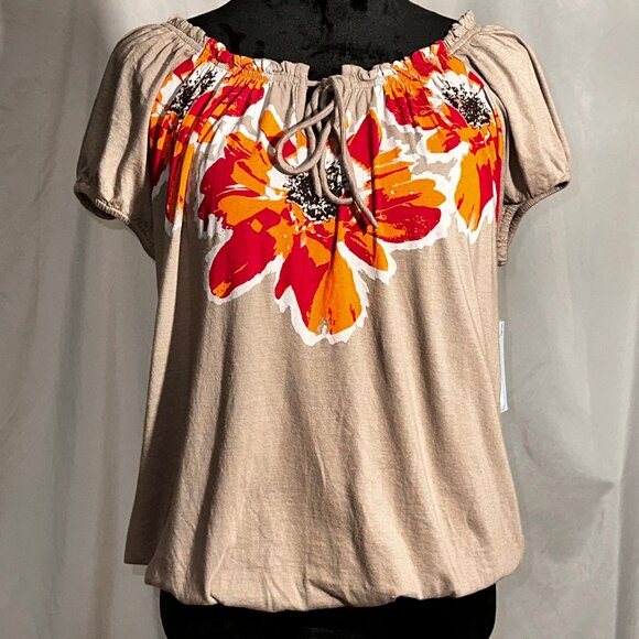 NWT Izod Peasant Blouse, Brown, Orange Flowers, Size Medium - Picture 1 of 6